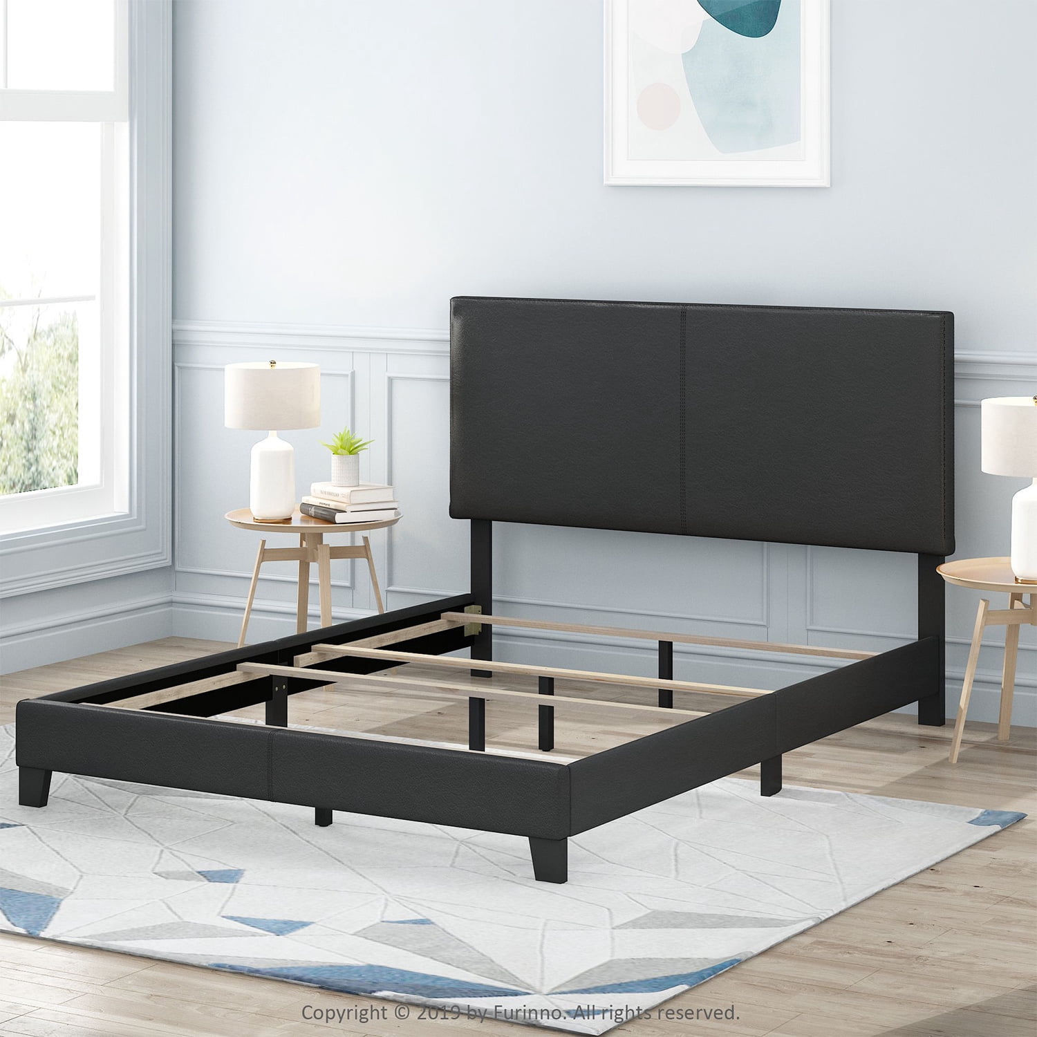 Furinno Pessac Upholstered Bed Frame, Black PU Leather, Queen