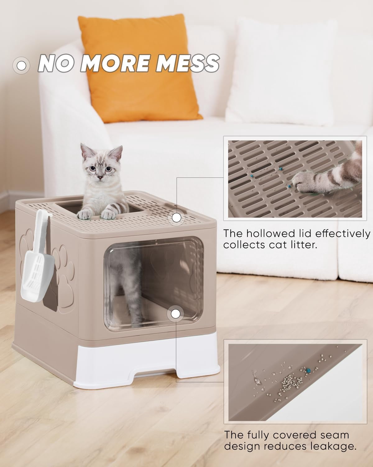 Enclosed Litter Box with Lid, X-Large Foldable Cat Litter Box, Covered Kitty Litter Box, Two-Way Entry and Exit Cat Box with Scoop, Odor Control, Easy to Clean(Coffee)