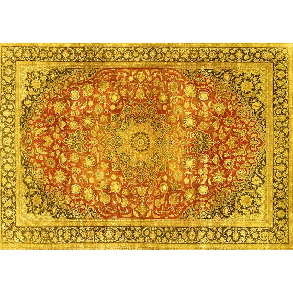 Ahgly Company Machine Washable Indoor Rectangle Medallion Yellow Traditional Area Rugs, 3' x 5'