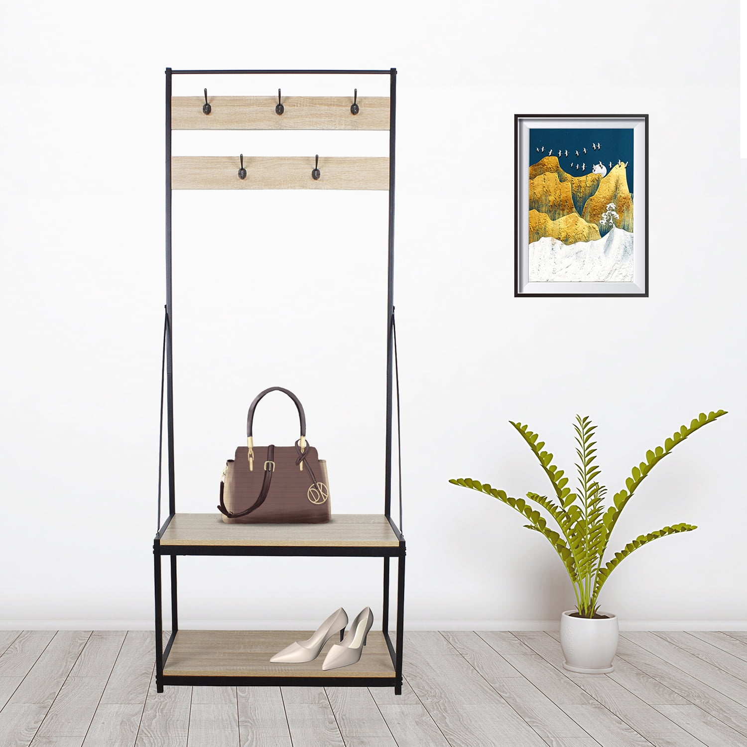 Resenkos 3 in 1 Entryway Hallway Coat Rack Storage with 5 Hooks, Wood Look Accent Furniture with Steel Frame, Light Brown