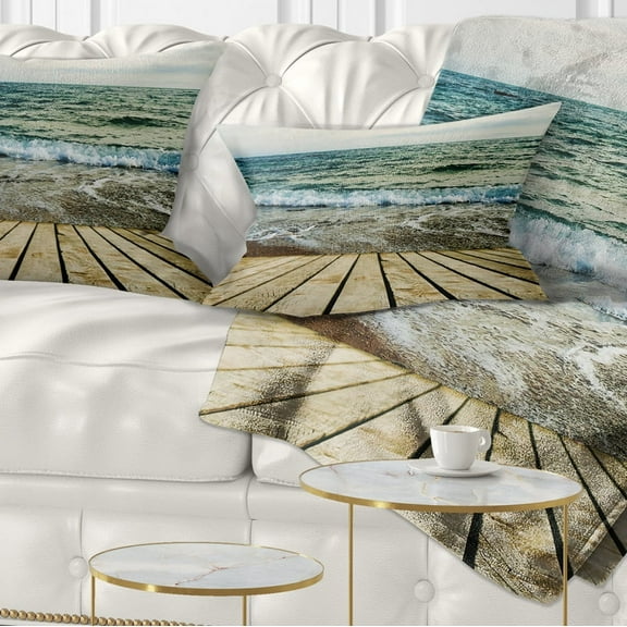 Designart Wooden Pier in Waving Sea - Seascape Throw Pillow - 12x20