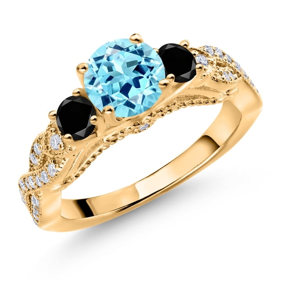 Gem Stone King 18K Yellow Gold Plated Silver Blue Apatite Black Diamond and White Moissanite Engagement Ring for Women (1.28 Cttw, Gemstone, Round 6MM and 3MM, Size 5)