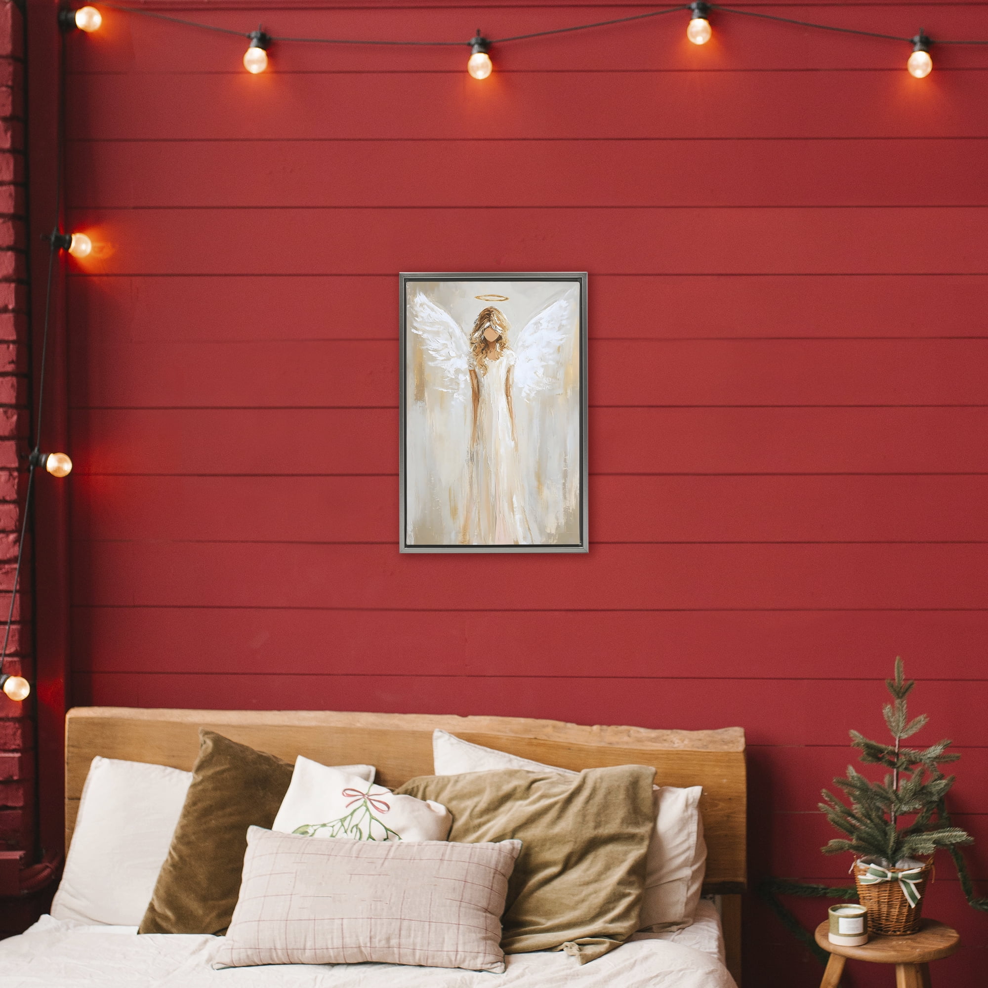 Divine White Robe Angel Gray Framed Floater Canvas Wall Art, design by Petal Prints Design