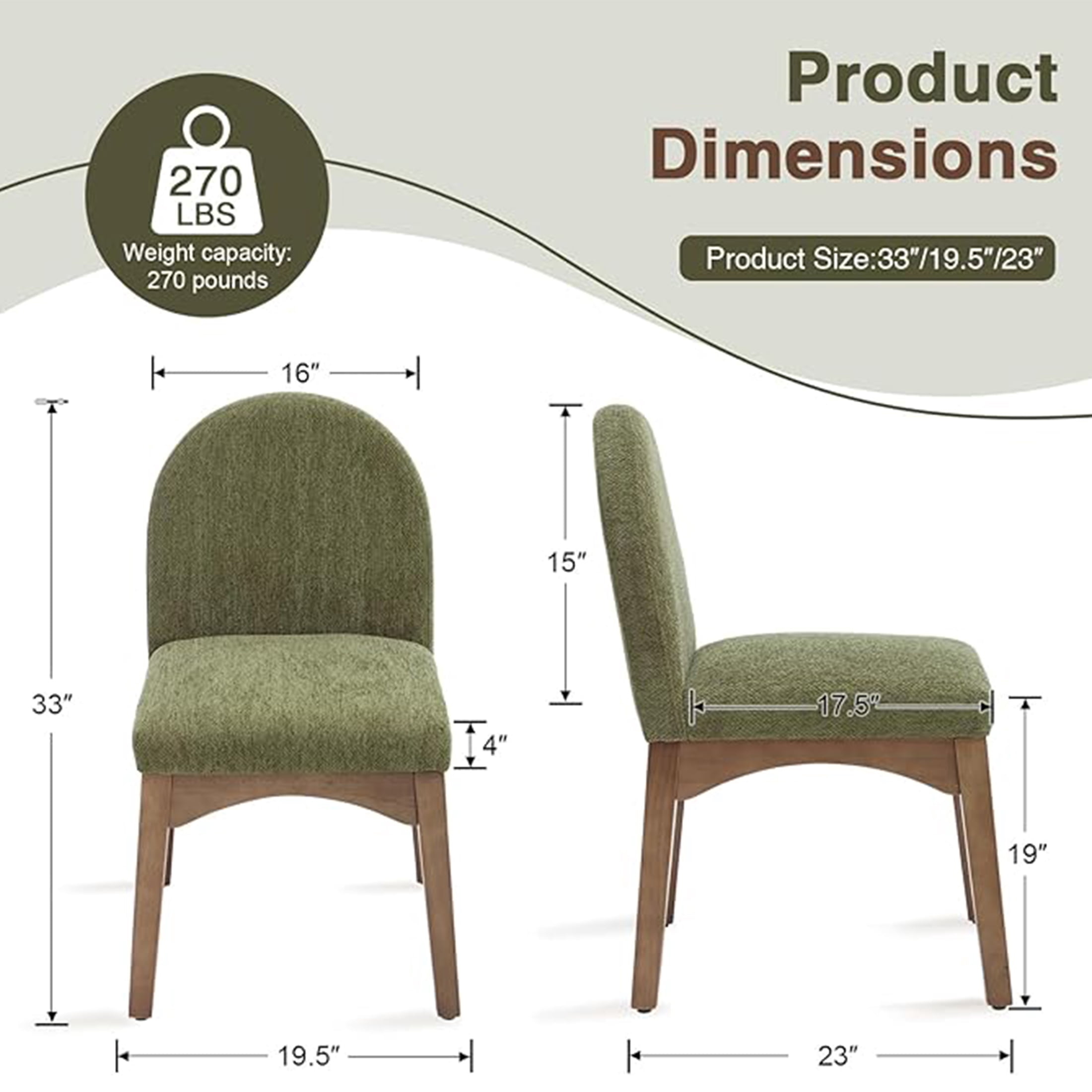 Guyou Modern Dining Chairs Set of 2, Chenille Upholstered Dining Room Chairs, Mid Century Wooden Kitchen Side Chairs for Dining Room, Kitchen, and Living Room, Green