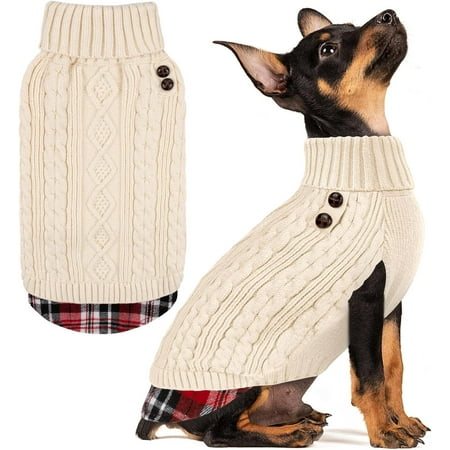 KYEESE Dog Sweater Beige Turtleneck Sweater with Gingham Patchwork Dog Sweater for Small Dogs XS