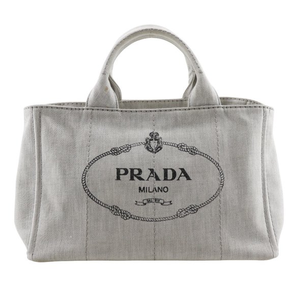 Pre-Owned Prada Canapa Handbag with Triangle Plate, 1BG439, Light Gray Denim, 2-Way,... (Fair)