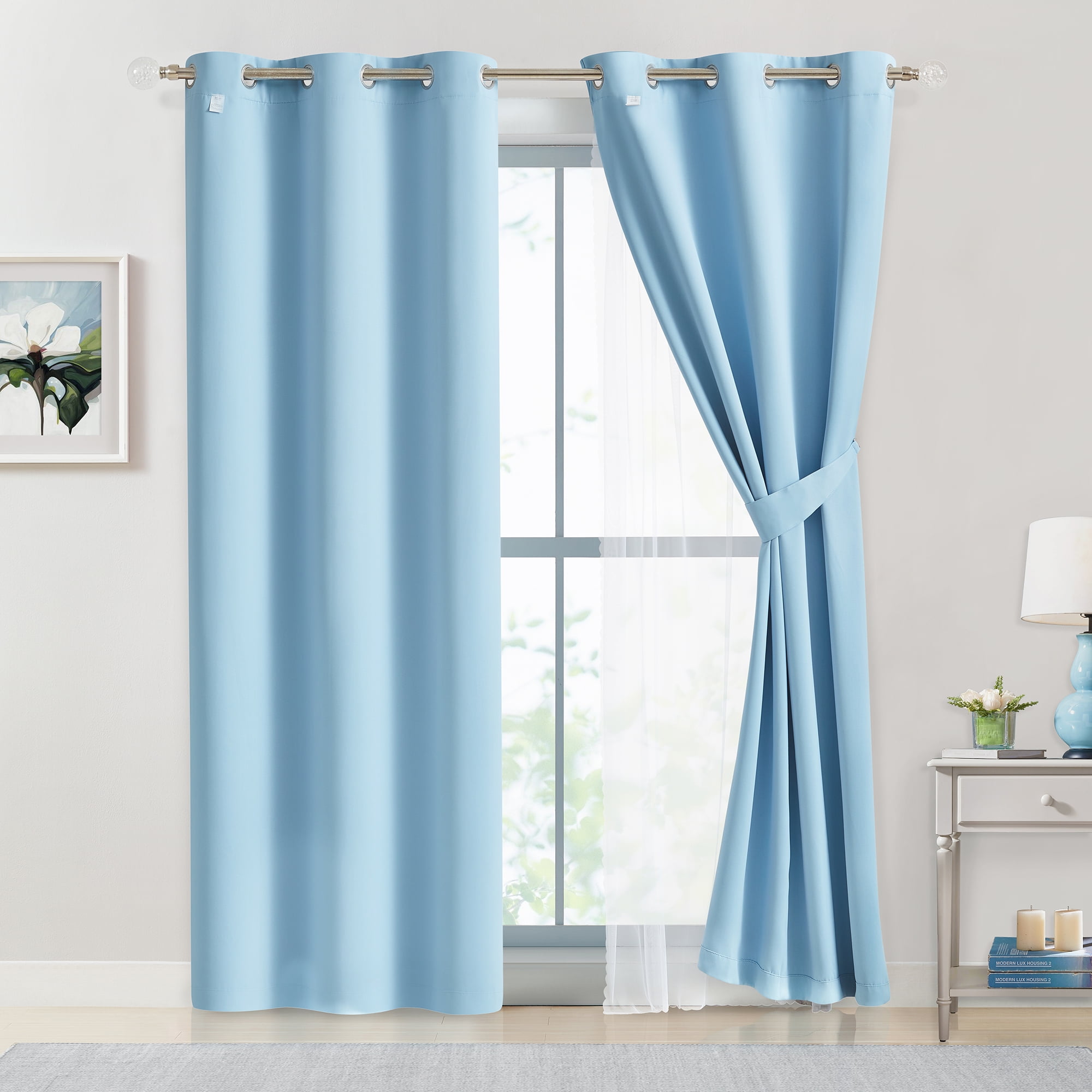 Pinewave Modern Blue Solid Print Blackout Kitchen Curtains, 37 x 95 In (2 Panels)