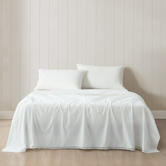 Lush Decor Evelyn Lace Trim Cotton Sheet Set 4 Piece Set Queen White - Cotton Sheets - White Bed Sheets - Farmhouse & Coquette Decor
