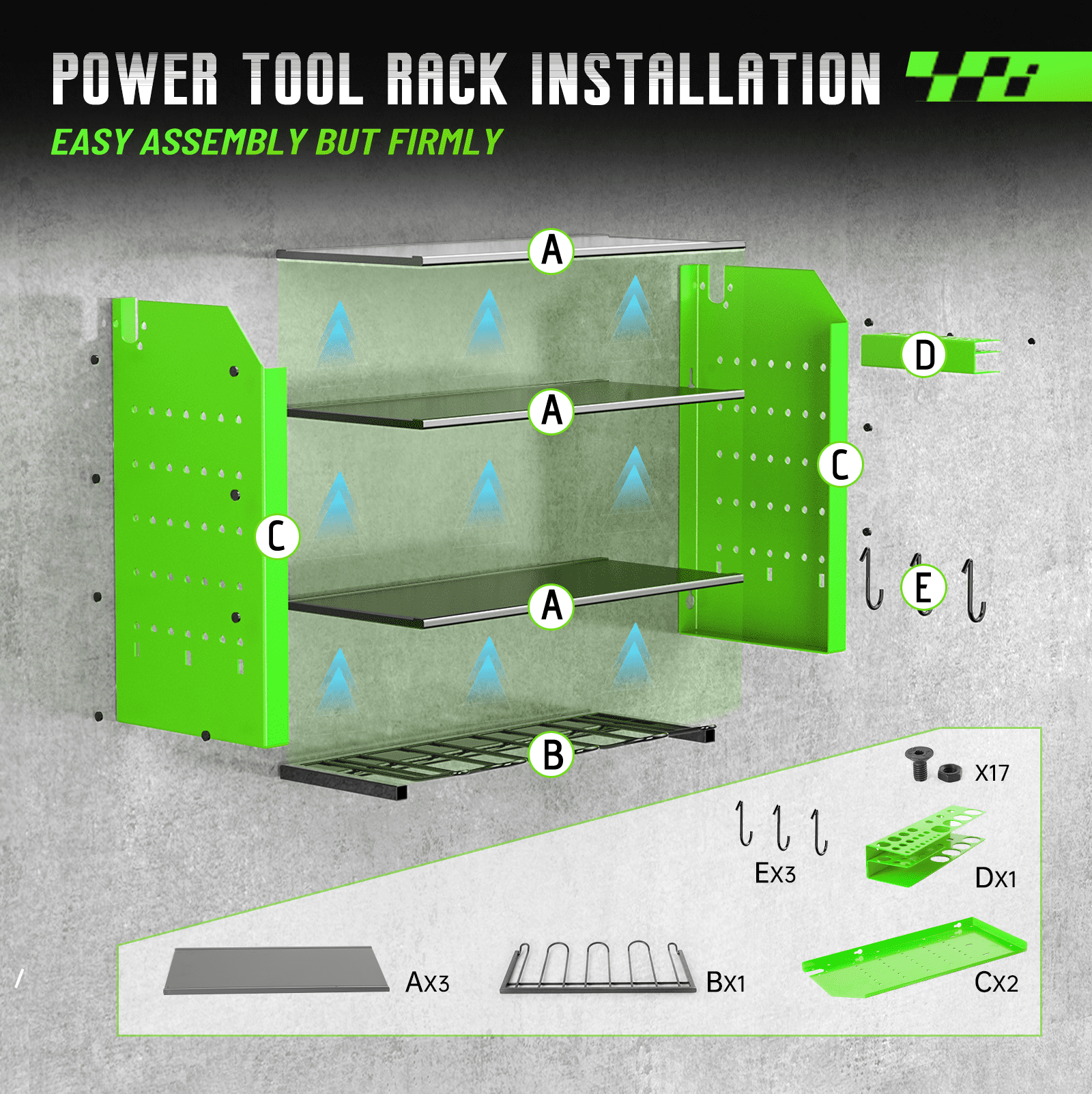Loonpon Power Tool Organizer Wall Mount, 4-Layer Drill Storage Shelf with Hooks,Screwdriver,Drill Bit Heavy Duty Rack Green