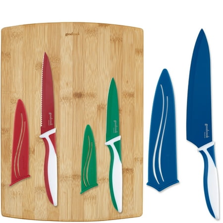 GoodCook Silver Knife Set with Bamboo Cutting Board, (Best Knife For Cutting Raw Meat)