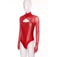 thumbnail image 5 of SiiRoh Women Rhythmic Gymnastic Dance Leotard Long Sleeve Mesh Cutout Figure Skating Bodysuits Tops Red XL, 5 of 7