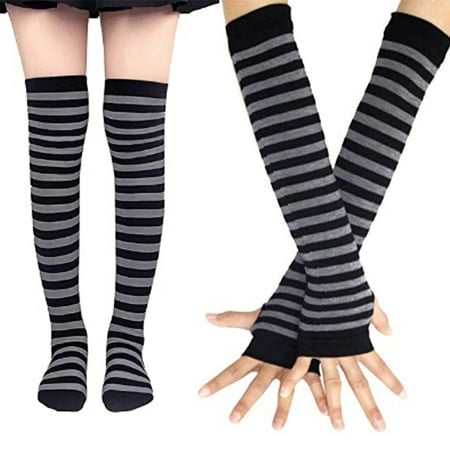 

Womens Striped Knee High Socks Stretchy Gloves Set Thumb Hole Long Fingerless Gloves High Stockings for Christmas
