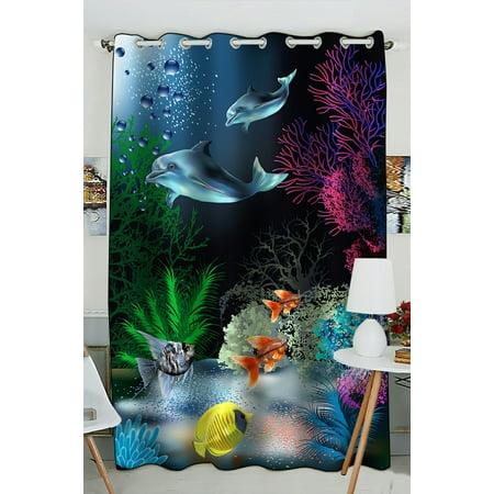 Cute Curtain PHFZK Cute Animal Window Curtain, The Underwater World with Dolphins and Plants Window Curtain Blackout Curtain For Bedroom living Room Kitchen Room 52x84 inches One Piece ()