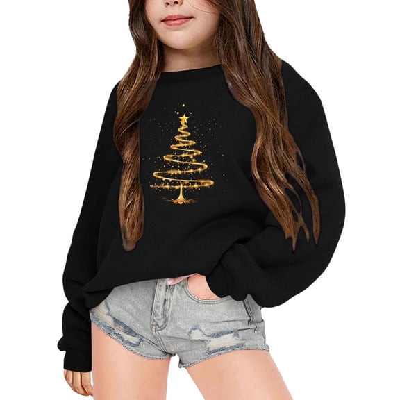 Girls Winter Hoodie Long Sleeve Round Neck Printed Pullover Warm Outerwear Coat Black 7-8 Years