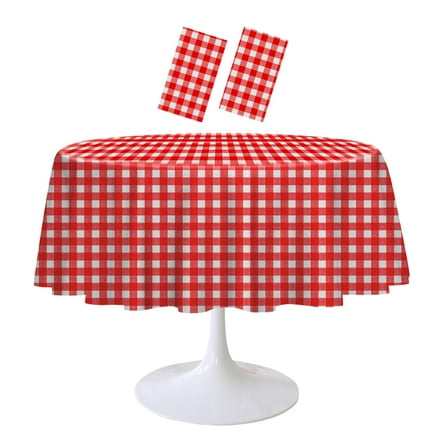 Round 84x84 Inch Red Checkered Tablecloth 2 Pack Plastic Disposable Gingham Table Cover for Picnic Wedding Birthday Party Decoration, Orange