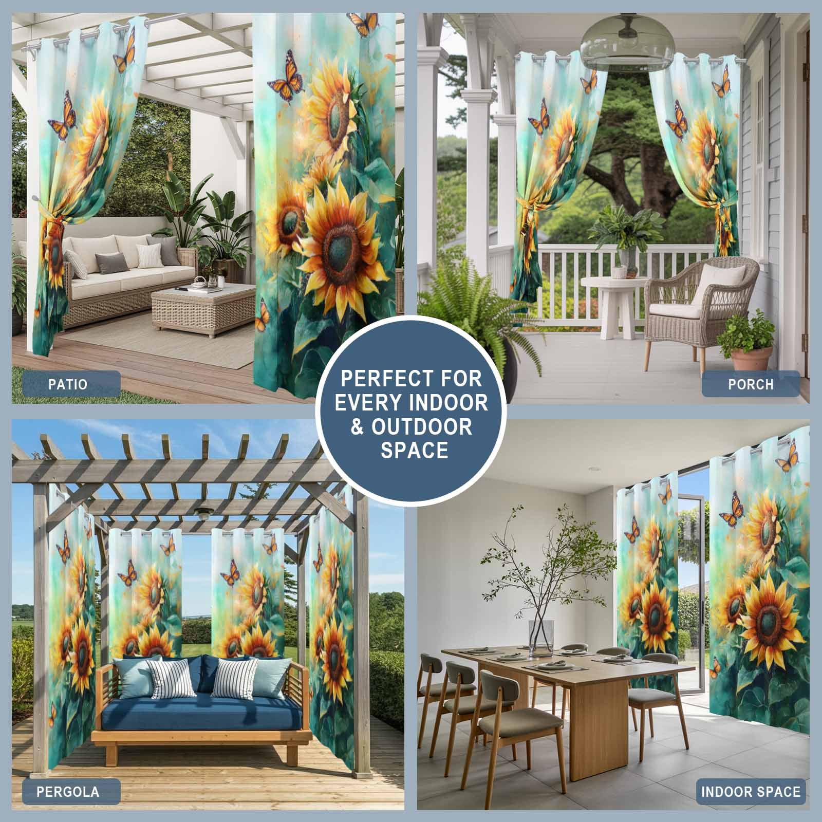 Watercolor Sunflower Outdoor Curtains for Patio Waterproof, Floral Butterfly Teal Green Leaf Grommet Curtains for Porch Outside Privacy Drape for Gazebo Garden Pergola, 2 Panels, 54x108in