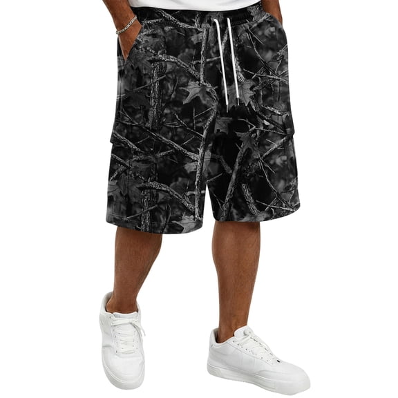 Delconic Men Tree Camo Quick Dry Knee Length Casual Cargo Shorts Elastic Drawstring Waist Side Pockets Loose Fit Short Pants For Summer Hunting Fishing Hiking Daily Outdoor Travel Wear Black L