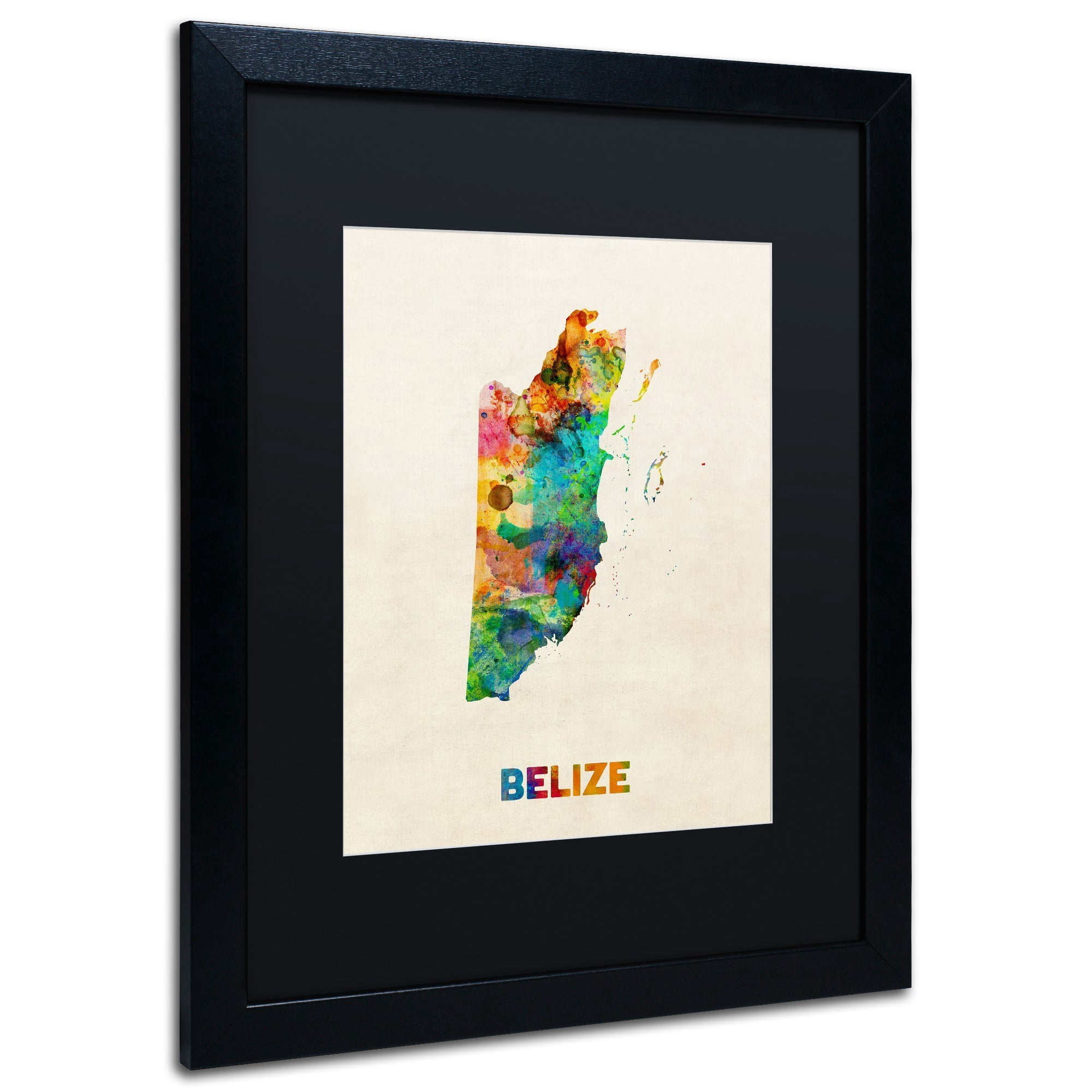 Trademark Fine Art "Belize Watercolor Map" Canvas Art by Michael Tompsett Black Matte, Black Frame
