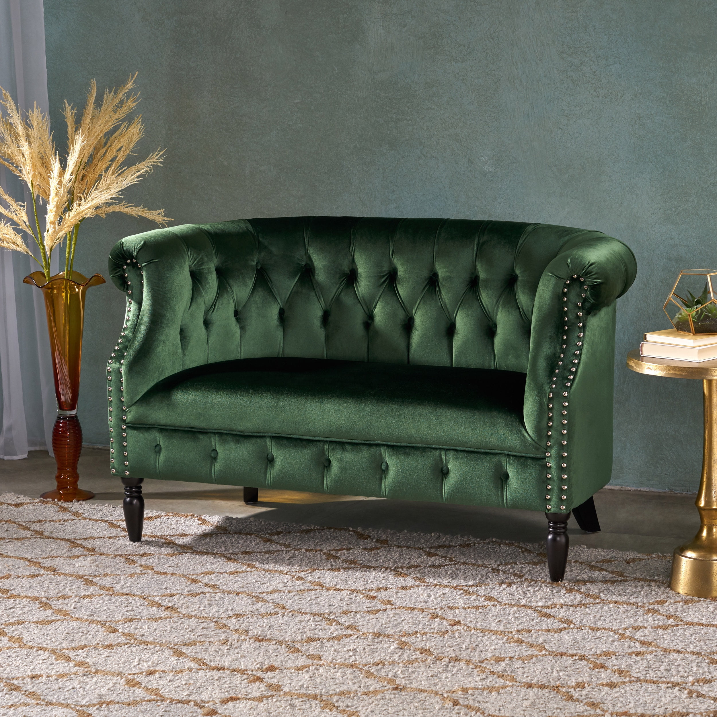 Noble House Myrna Tufted Chesterfield Velvet Loveseat with Scrolled Arms, Emerald - Walmart.com 