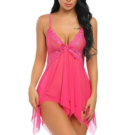 Qiaocaity Pajamas for Women  Women Lingerie Silk Satin Nightgown V-Neck Camisole Nightdress Lace Up Babydoll Nightwear Soft Sleepwear Full Slip Loungewear  Gifts for Women  Hot Pink  S