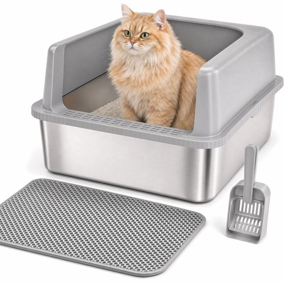 XL Stainless Steel Litter Box,23.5"×15.5"×12" High Sided Cat Litter Box Metal Litter Pan with Lid Extra Large Litter Box with Scoop, Dark Gray