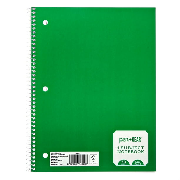 Pen + Gear 1 Subject Notebook, Wide Ruled, 70 Sheets, Green Walmart