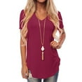 thumbnail image 4 of Women V Neck T Shirt Short Sleeve Tunic Blouse Tops Summer Beach Casual Loose Swallowtail Hem T-Shirt Ladies Plain Pullover Tee, 4 of 4