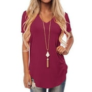 Beiwei Women V Neck Casual Loose T Shirt Solid Color Tunic Blouse Ladies Fashion Comfy Tee Wine Red XXL