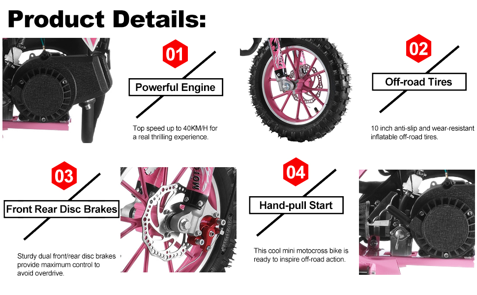 Mohsoe Enhanced 49CC 2-Stroke Dirt Bike, 25MPH Motor, Larger Fuel Tank & Upgraded Frame for Better Stability