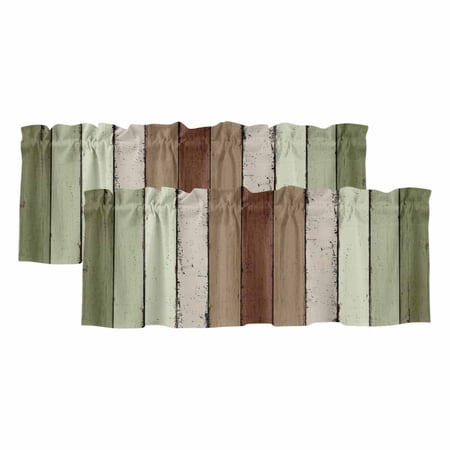Sage Green Curtain Valances for Windows Kitchen Valance Window Treatments Panel 2 Pack Farmhouse Wood Grain Vintage Brown Striped Rod Pocket Short Curtains for Bathroom Bedroom 54 x 18 Inch