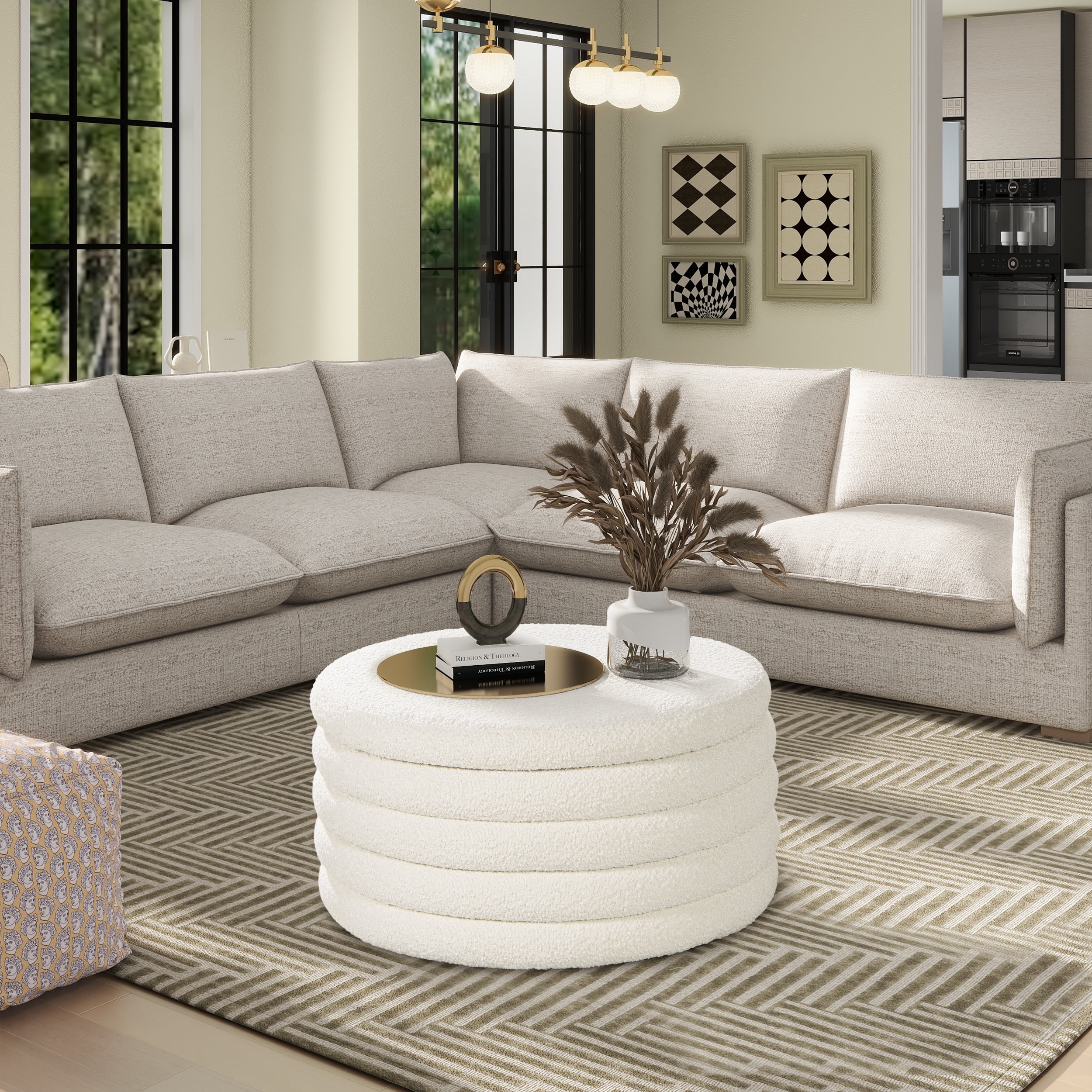 Fuji 36" Round Upholstered Storage Cocktail Ottoman Ivory White Boucle