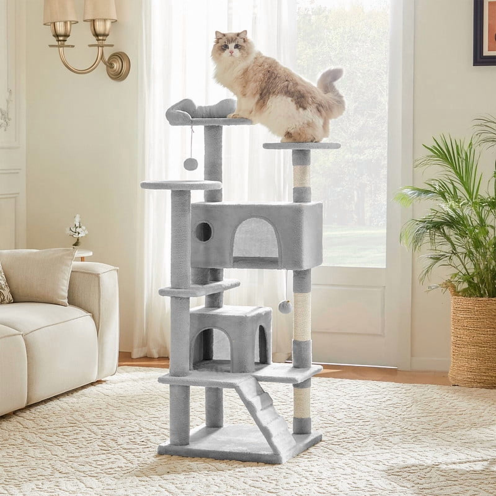 JIOABL 54-Inch Cat Tree Tower - Multi-Level Cat Tower with Large Condo, Natural Sisal Scratching Post, Climbing Ladder, Light Grey