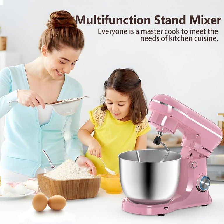 Trimeko New 3-In-1 5.5QT- Tilt-Head Food Stand Mixer with Bowl, Dough Hook, Whisk and Beater, Pink