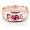 thumbnail image 2 of Gem Stone King Men's 18K Rose Gold Plated Silver Pink Created Sapphire and White Moissanite Ring (1.80 Cttw, Gemstone September Birthstone, Oval 8X6MM,, Size 9), 2 of 3