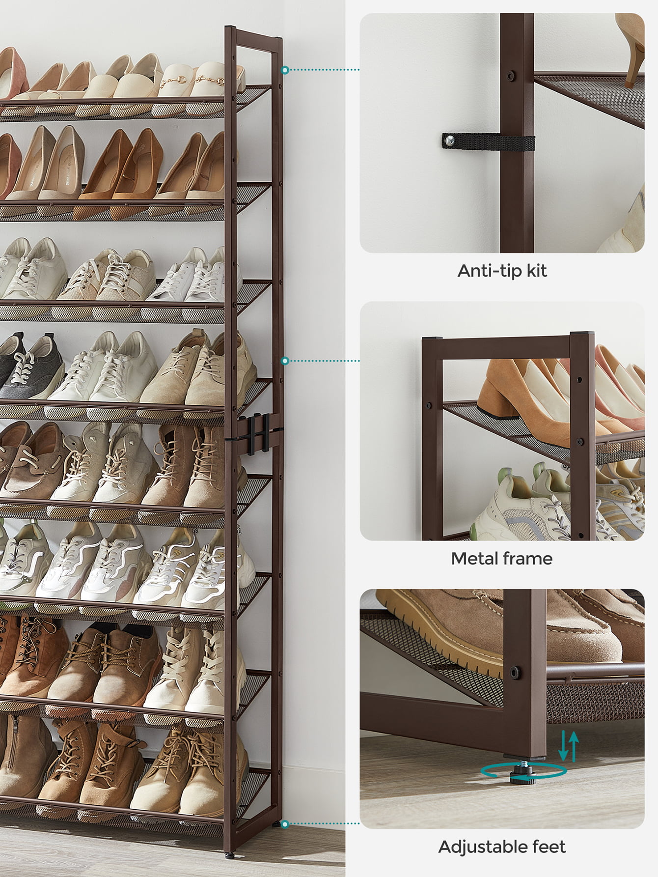 SONGMICS 12-Tier Shoe Rack Tall Metal Shoe Storage Organizer for Closet Set  of 2/6-Tier Big Stackable Shoes Rack Shelf Adjustable Feet & Slanted Shelves  Holds 48-60 Pairs Bronze 