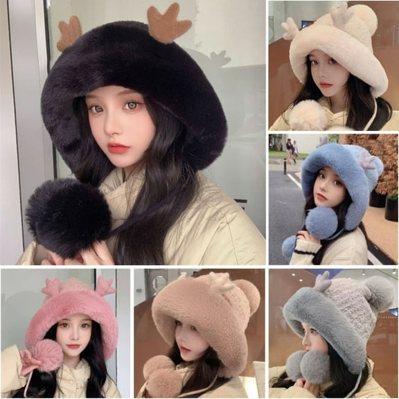 Womens Winter Beanie Hat Warm Fleece Lining Hat Pompoms Cap with Ear Flap