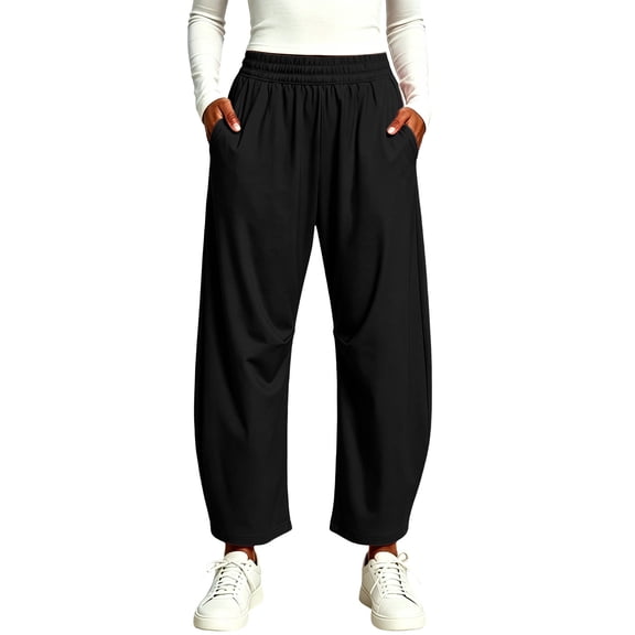 Vivianyo HD Women's High Waist Barrel Leg Quick Dry Pants, Elastic Waist Solid Casual Long Trousers With Side Storage Pockets for Women, Women's Black, Sizes S-3XL