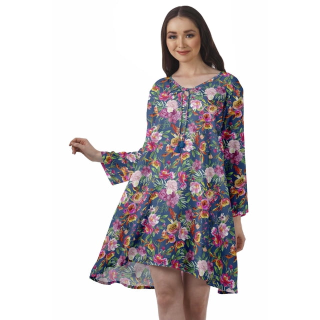 Moomaya Robe Évasée en Rayonne pour Femmes Manches Longues Imprimée Col en V Décontractée Robe de Plage pour Filles
