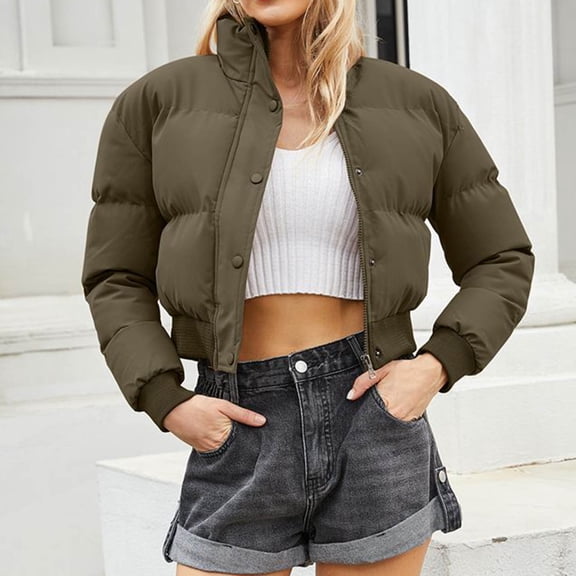 Xdegoge Womens Cropped Puffer Jacket Winter Long Sleeve Stand Collar Zip Up Warm Bubble Coat with Pockets Y2K Outerwear Thick Padded Fashion Streetwear