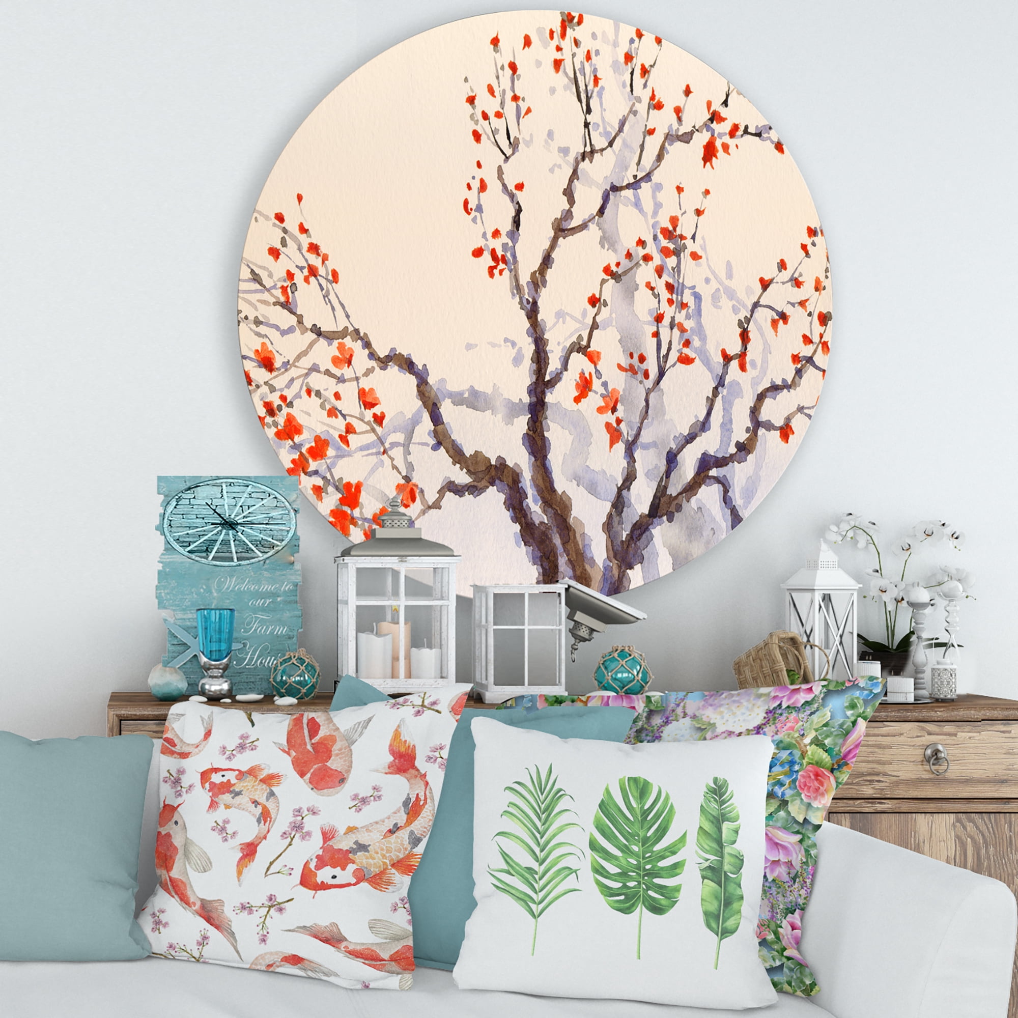 Designart 'Buds and Red Flowers On The Spring Blossoming Tree' Traditional Circle Metal Wall Art 36x36 - Disc of 36