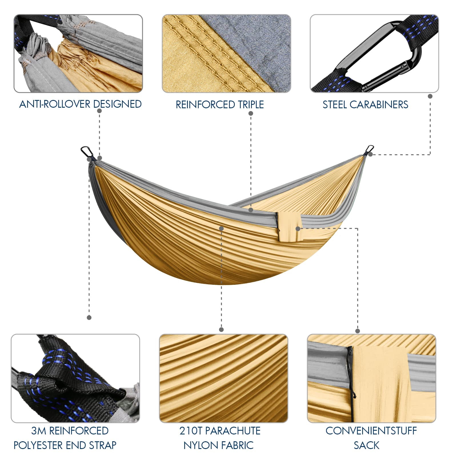 Double Camping Hammock - Outdoor Portable Nylon Hammock with 500lbs Capacity, Perfect for Camping, Hiking, and Travel,Khaki&Gray
