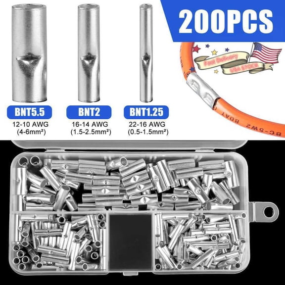 200Pcs Copper Bare Wire Splice Terminals Ferrule Butt Crimp Connectors 22-10 AWG