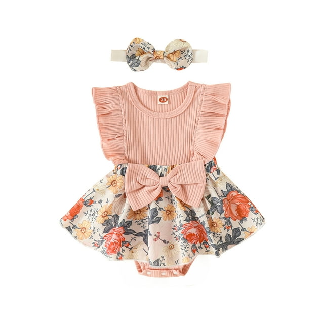 xiaxaixu Bébé Filles Romper Ensemble, Manches Mouche Col Rond Bowknot Fleur Imprimer une Ligne Robe avec Bandeau