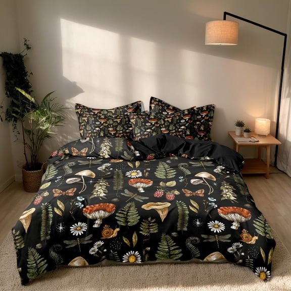 Orylavena Mushroom Forest Microfiber Duvet Cover Set, Black Back, Twin