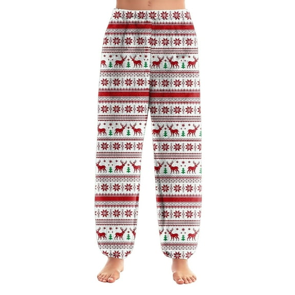 Women's Christmas Print Cuff Pants, Casual Lounge Sleep Pants, Elastic Waist Holiday Pajama Pants for Festive Nights and Seasonal Comfort,Vermilion,S