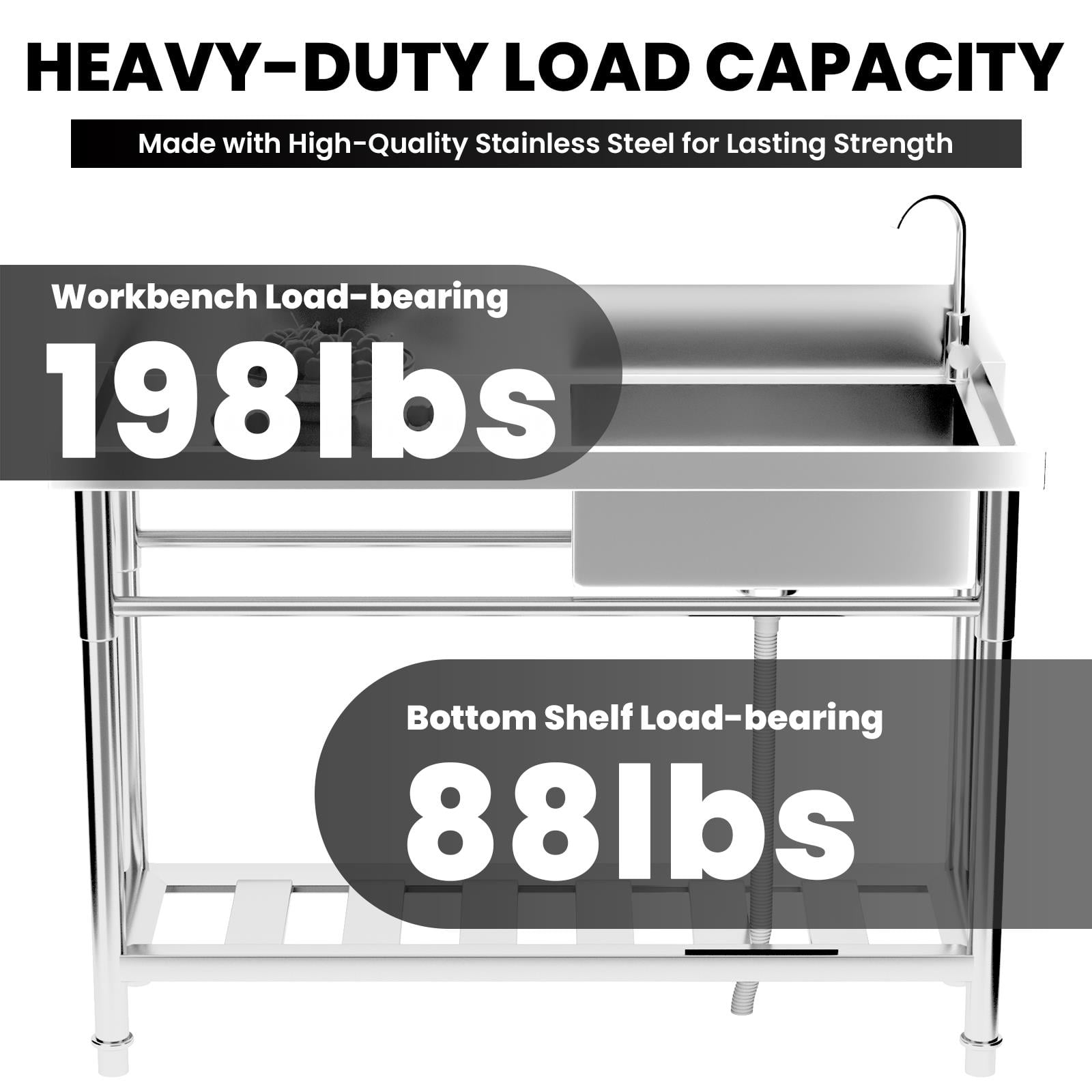 47In Stainless Steel Utility Sink,Free Standing Utility Sink With Faucet And Drawer Storage,1.2mm Thick 201 Stainless Steel,Stainless Steel Commercial Sink For Indoor Or Outdoor Use