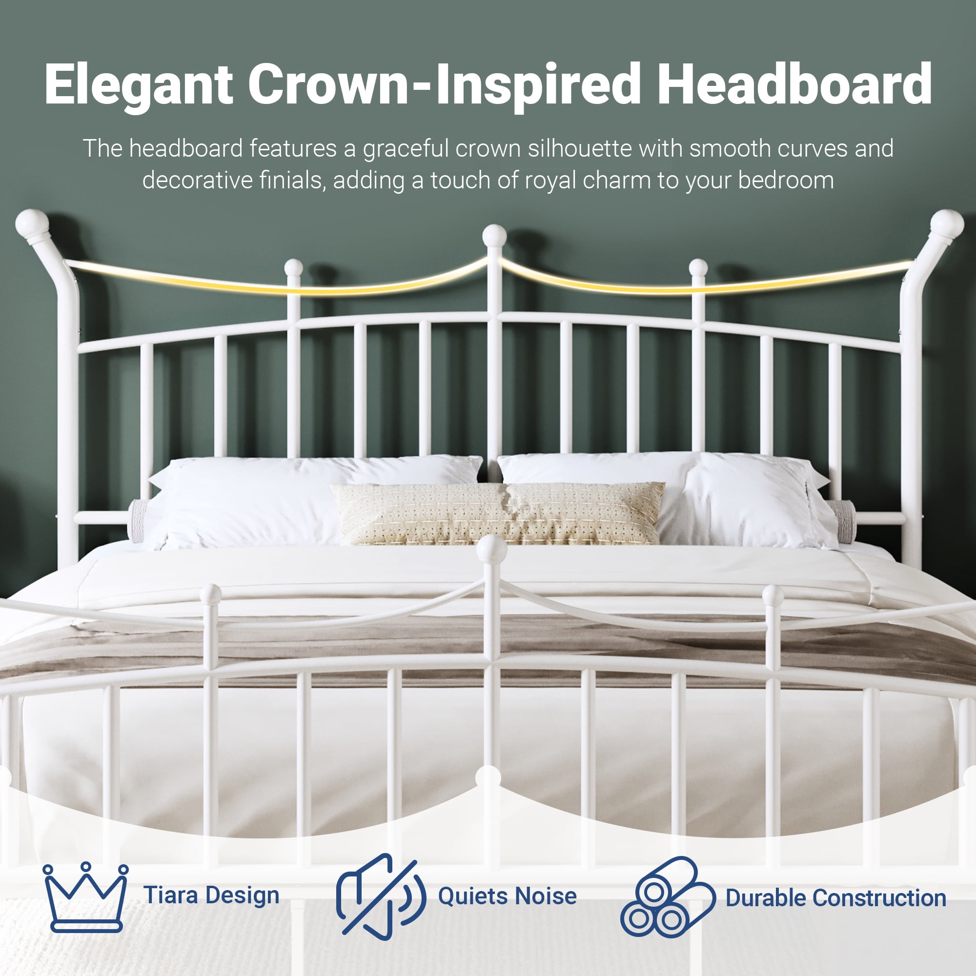 Allewie 14 Inches King Size Metal Platform Bed Frame with Elegant Crown Headboard & Footboard, Sturdy Mattress Foundation with Under-Bed Storage, Easy Assembly, No Box Spring Needed, White