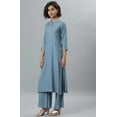 thumbnail image 4 of Janasya Indian Mandarin Collar 3/4 Sleeve Solid Blue Rayon Kurta With Palazzo and Dupatta For Women, 4 of 8