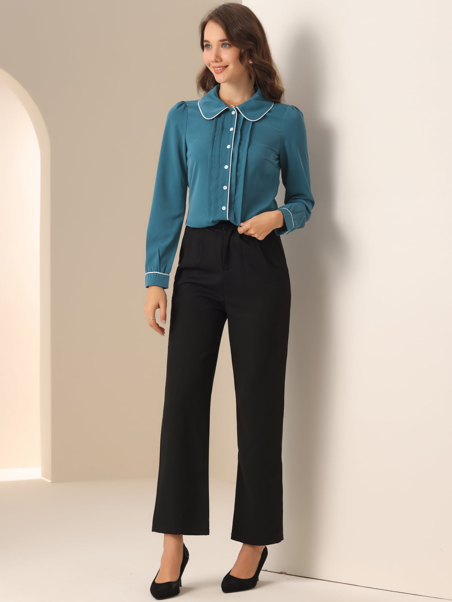 DARING DIVA Women's Peter Pan Collar Puff Sleeve Work Blouse XS Blue Green