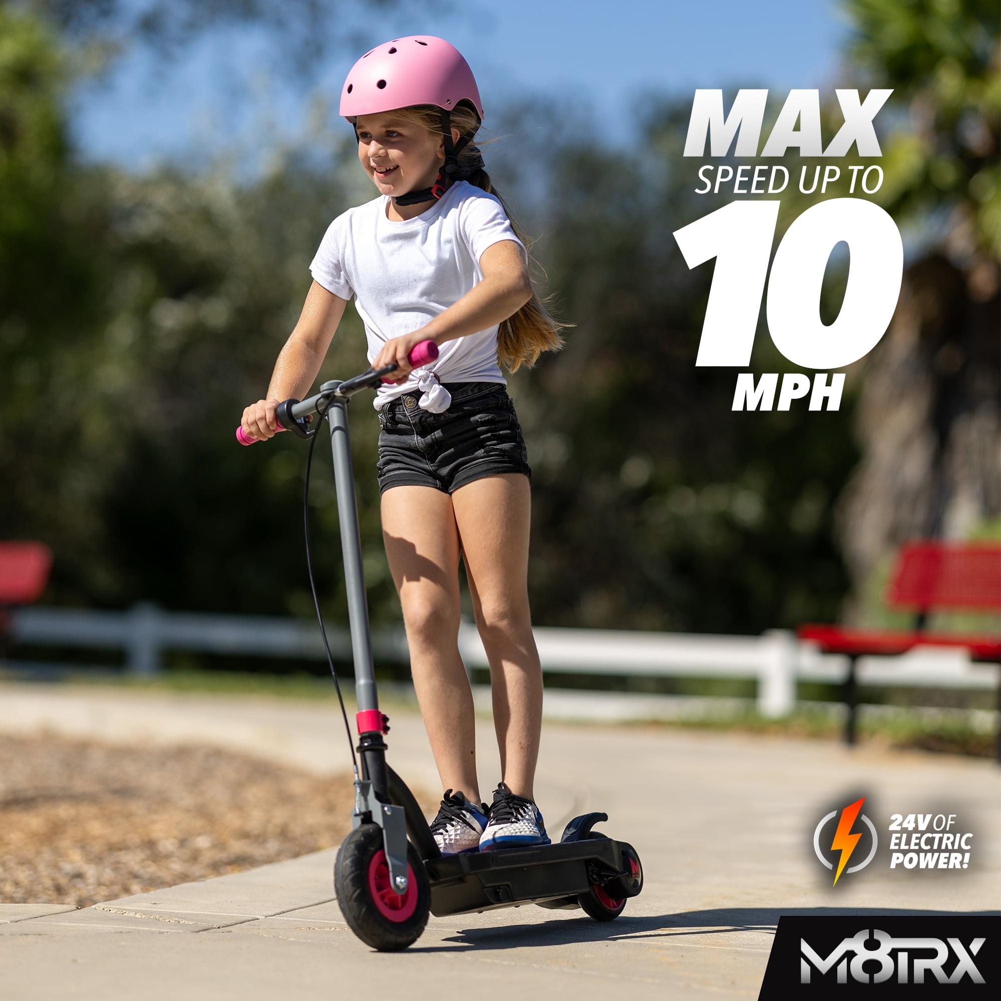 M8TRX SPORTS Pink 24 Volt Kids Electric Scooter, 8" Air Filled Tire, Speeds up to 10mph, Kids Ages 8+